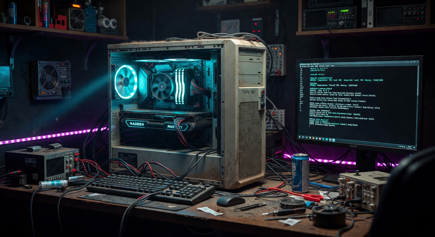 Old gaming PC with AMD GPU glowing in a dark homelab